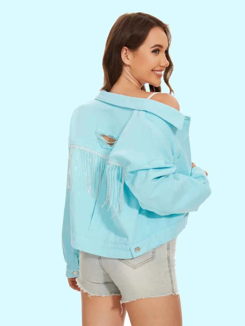 Distressed Denim Jacket with Buttons Up