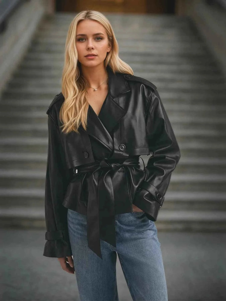 Leather Trench Coat with Belt - Stylish and Versatile Leather Belted Trench Jacket