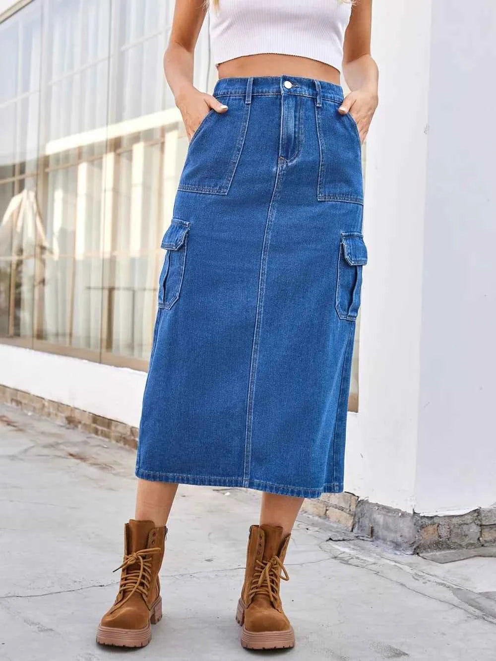 Slit Midi Denim Skirt with Pockets for Trendy Style
