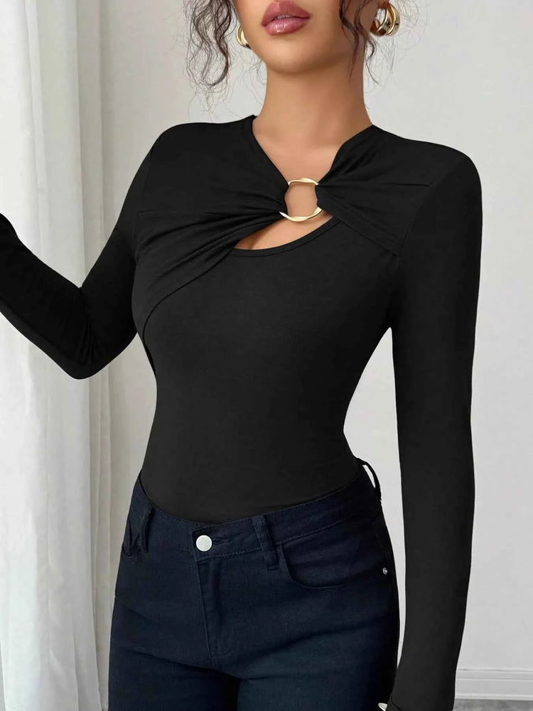 Twist Front Long Sleeve T-Shirt with Ring Detail