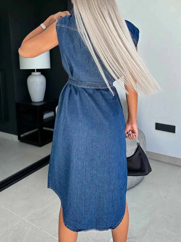 Collared Neck Cap Sleeve Denim Dress - Stylish Collared Denim Dress for Every Occasion