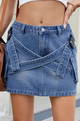 Criss-Cross Waist Detail Denim Mini Skirt