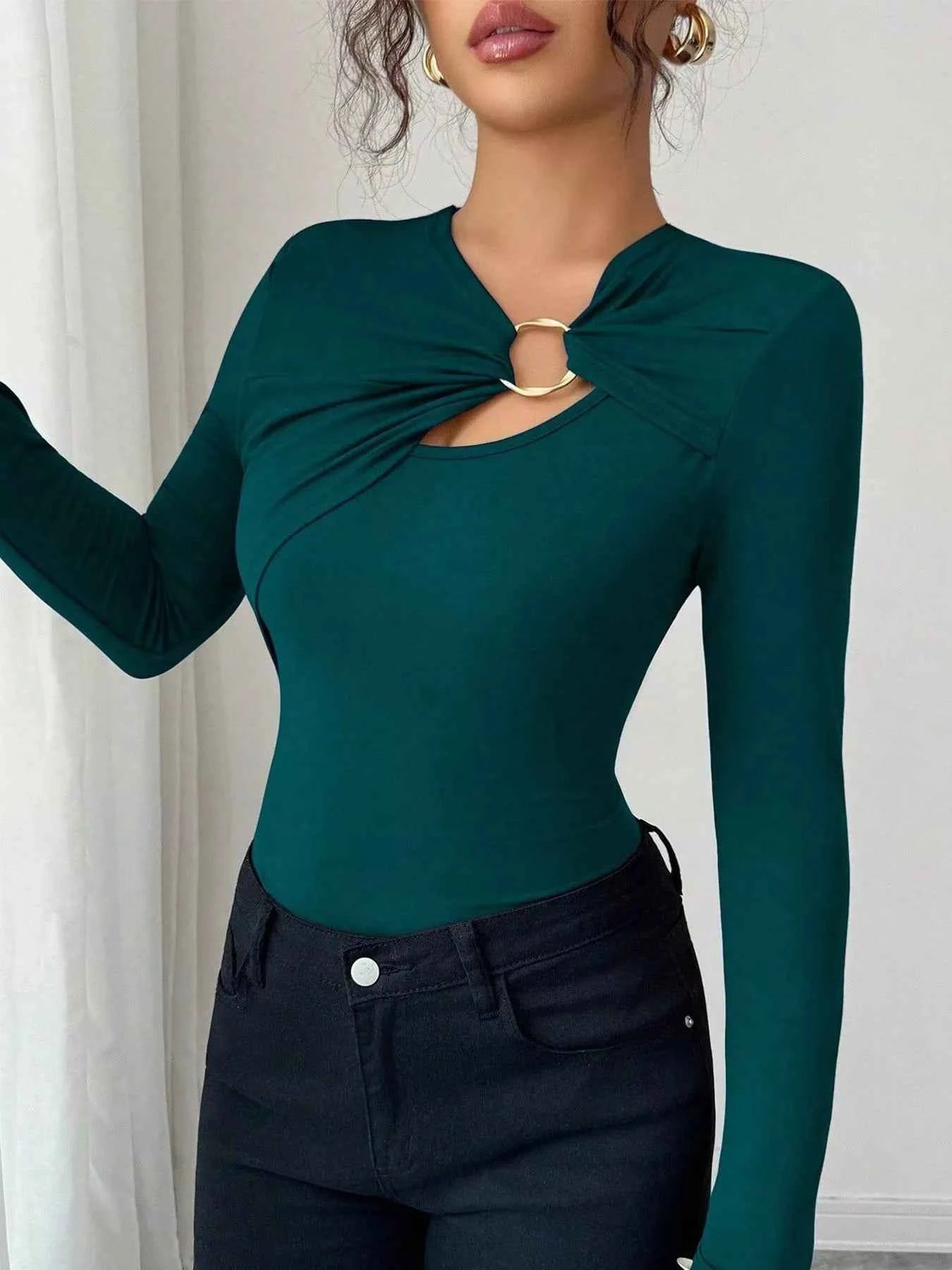 Twist Front Long Sleeve T-Shirt with Ring Detail